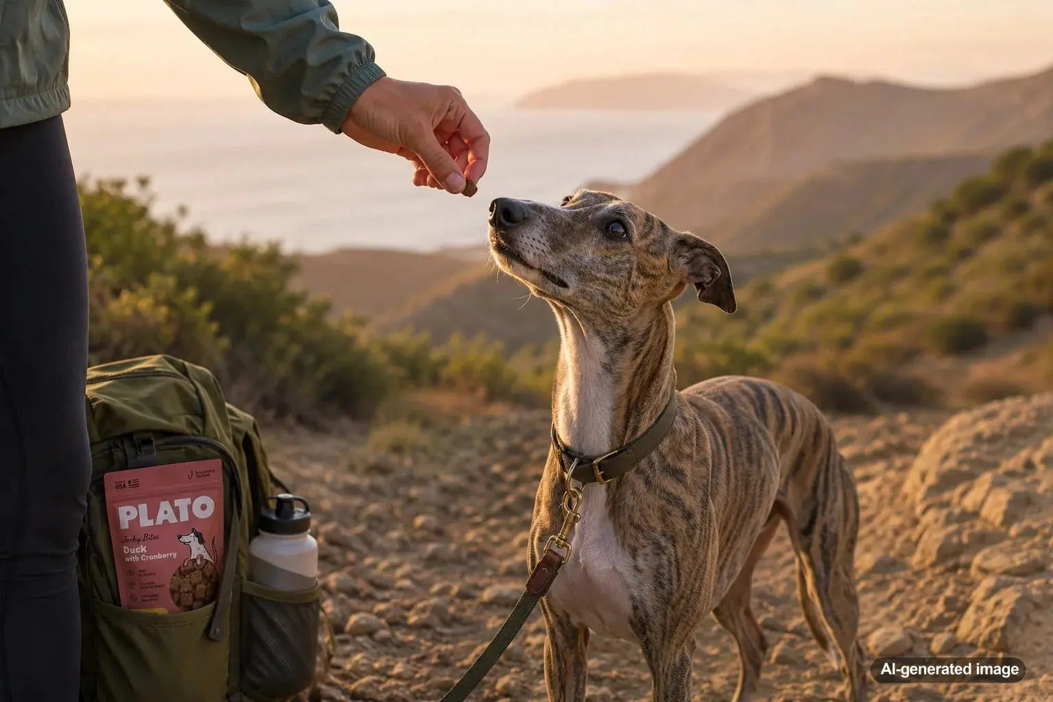 Dog enjoying portable treats during a long outdoor walk and hiking adventure