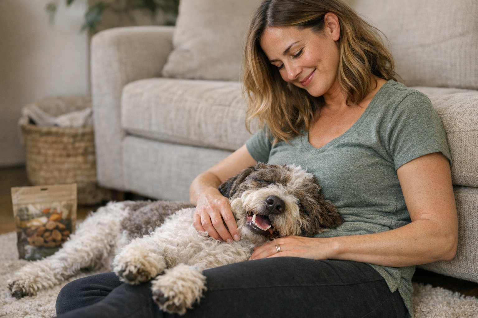 Dog owner choosing air-dried dog treats for a dog with a sensitive stomach