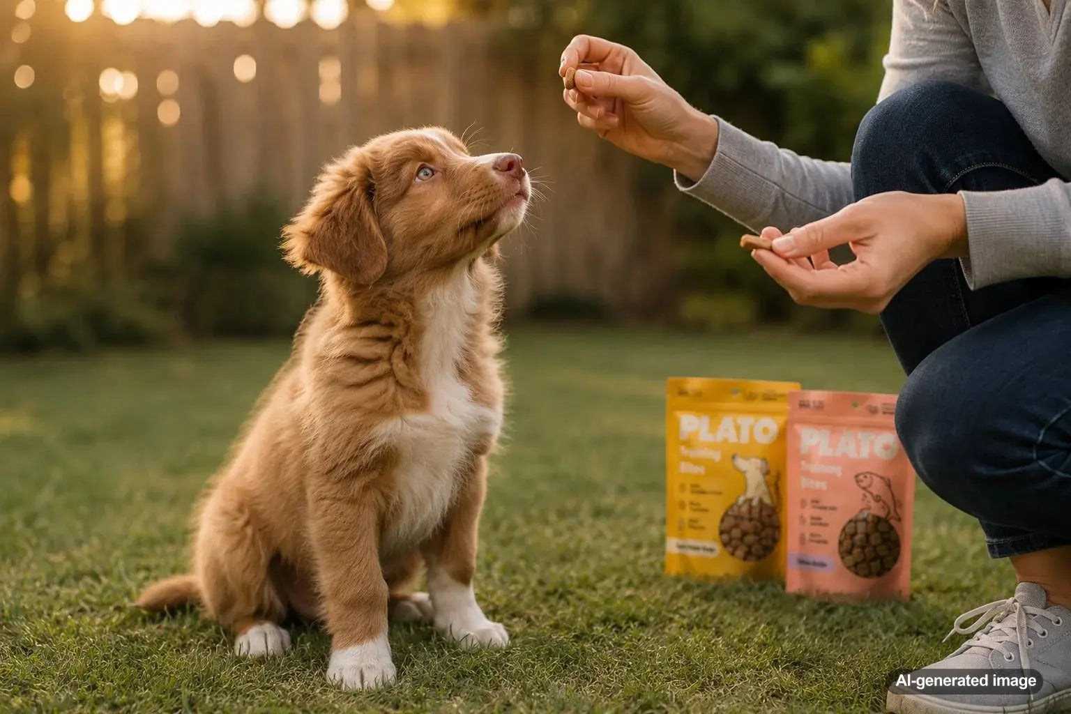 Puppy learning with soft bite-size training treats from Plato Pet Treats