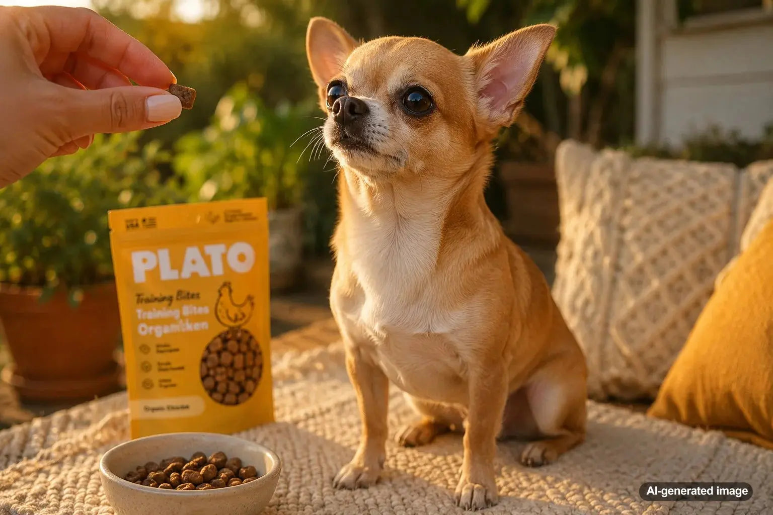 Confident Chihuahua receiving a tiny bite-size training treat from its owner