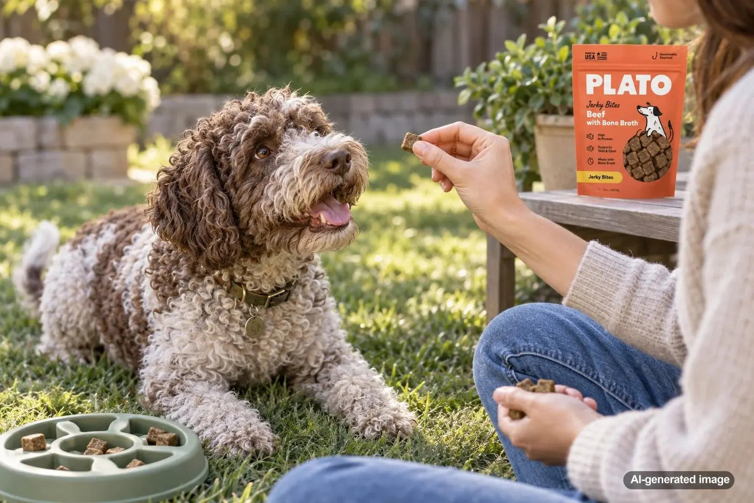 Dog waiting calmly for an appropriately sized treat selected for fast eaters