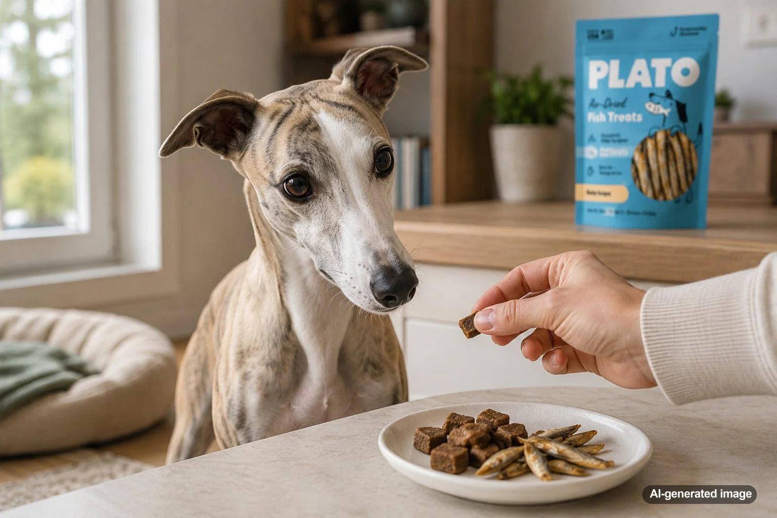Dog owner choosing lower-fat snack options for a happy dog with Plato Pet Treats