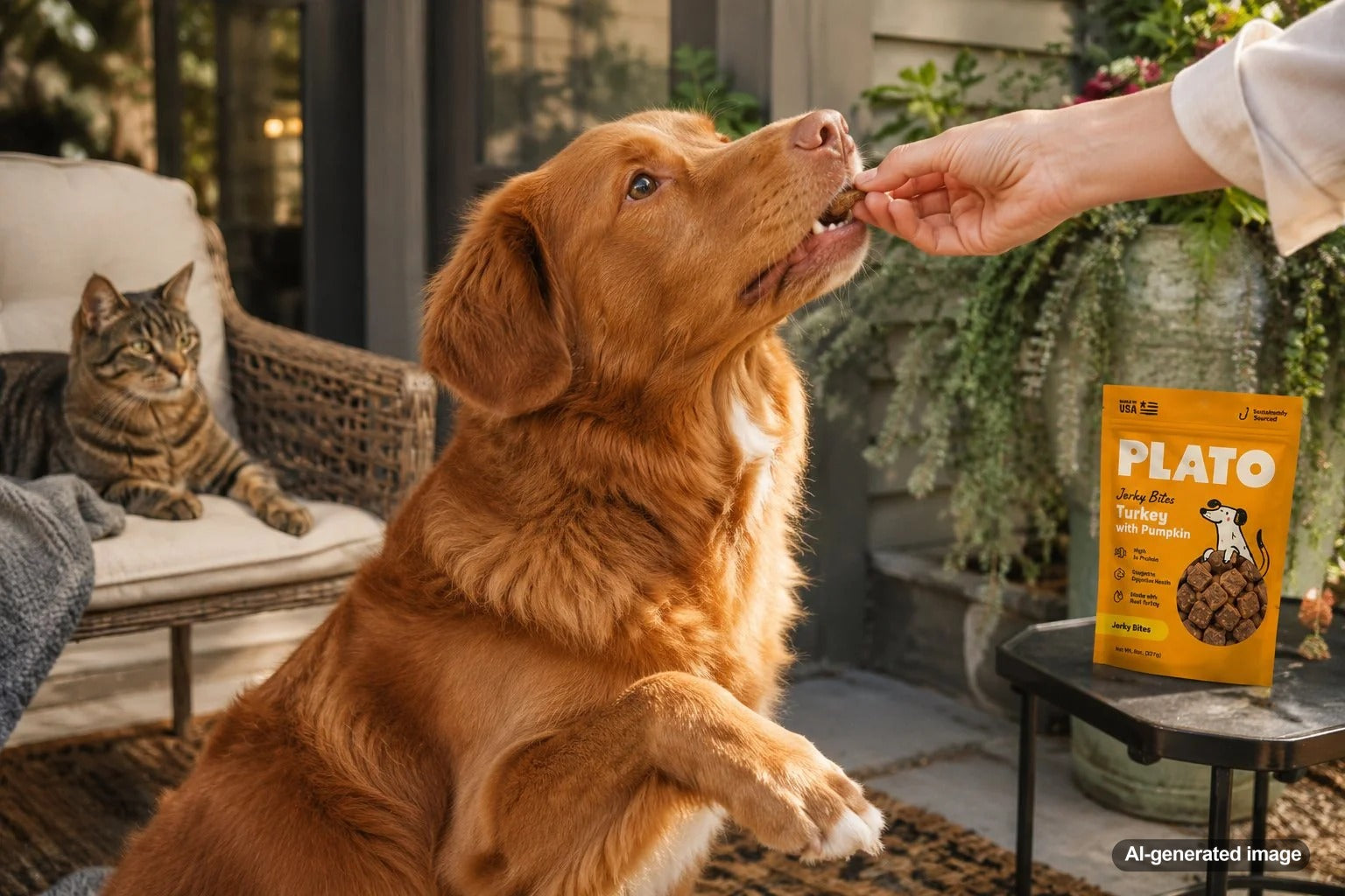 Dog and cat sharing a home while their owner chooses appropriate pet treats