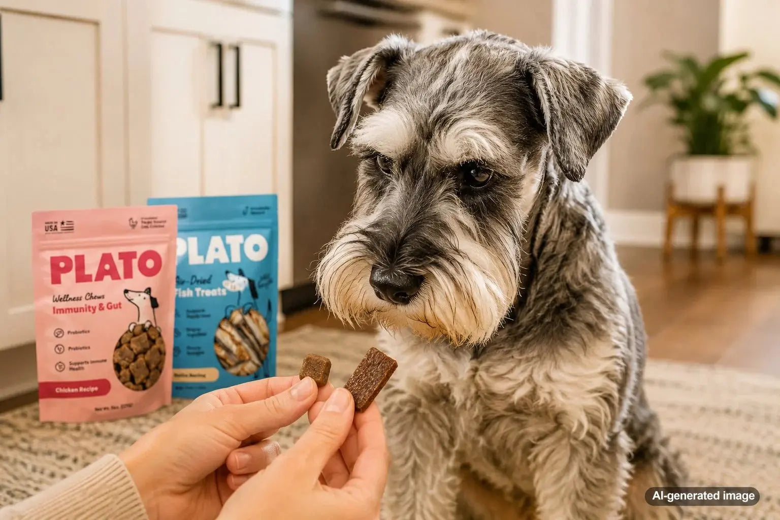 Picky dog sniffing high-quality Plato Pet Treats during treat time
