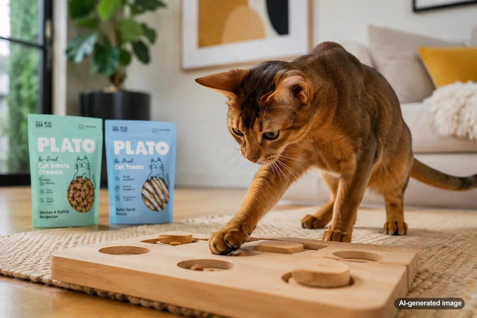 Indoor cat exploring an enrichment toy filled with flavorful cat treats