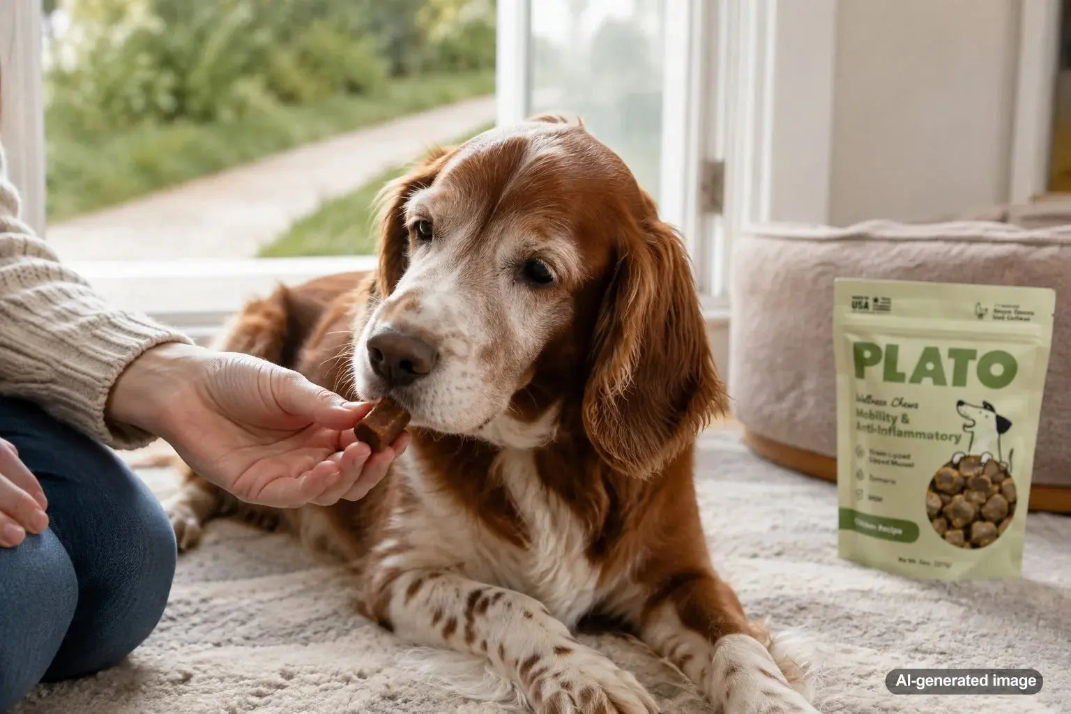 Senior dog enjoying soft easy-to-chew treats for dogs with missing teeth