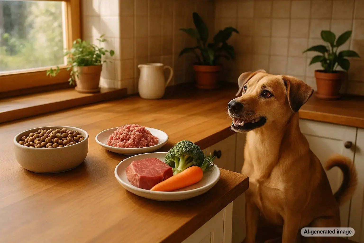 Dog treats and food bowls illustrating kibble, raw, and fresh dog meals