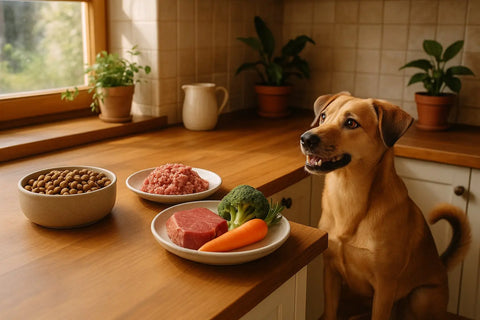 Dog treats and food bowls illustrating kibble, raw, and fresh dog meals