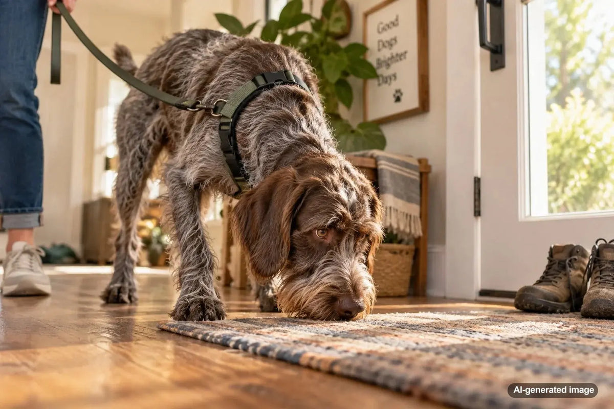 Dog enjoying a relaxed sniffing walk outdoors with its owner