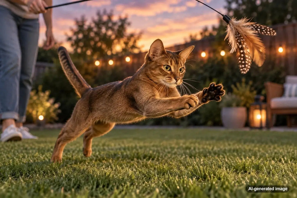 Active cat settling into a calm evening routine after playtime at home
