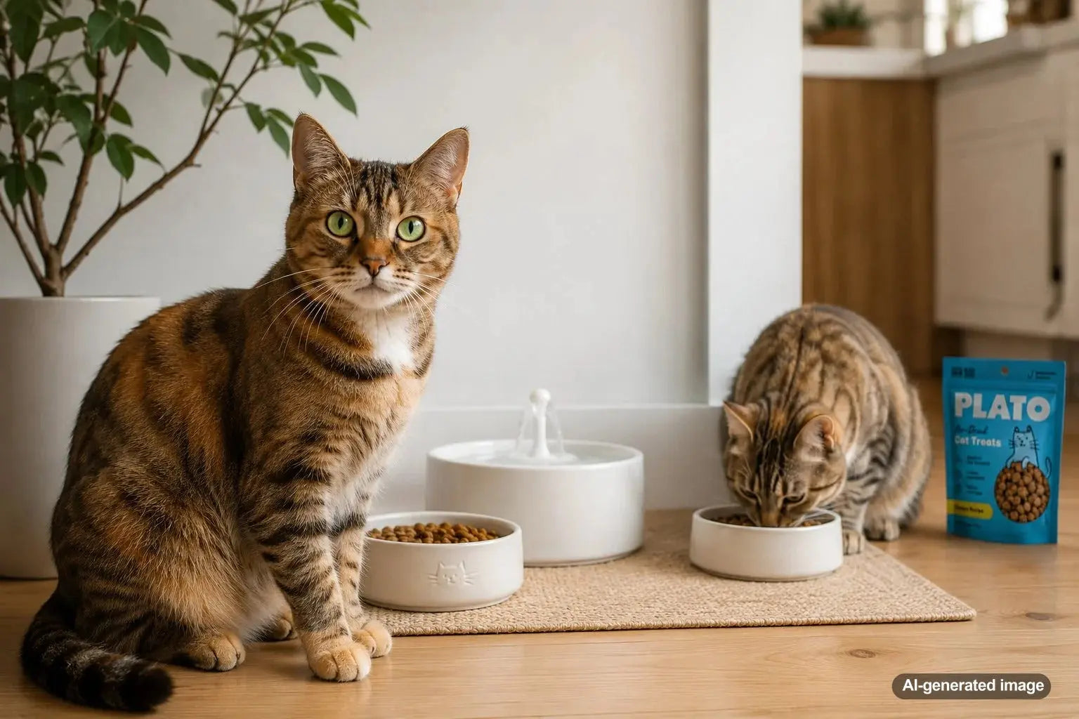 Calm multi-cat feeding station with separate bowls arranged to give each cat personal space during mealtime