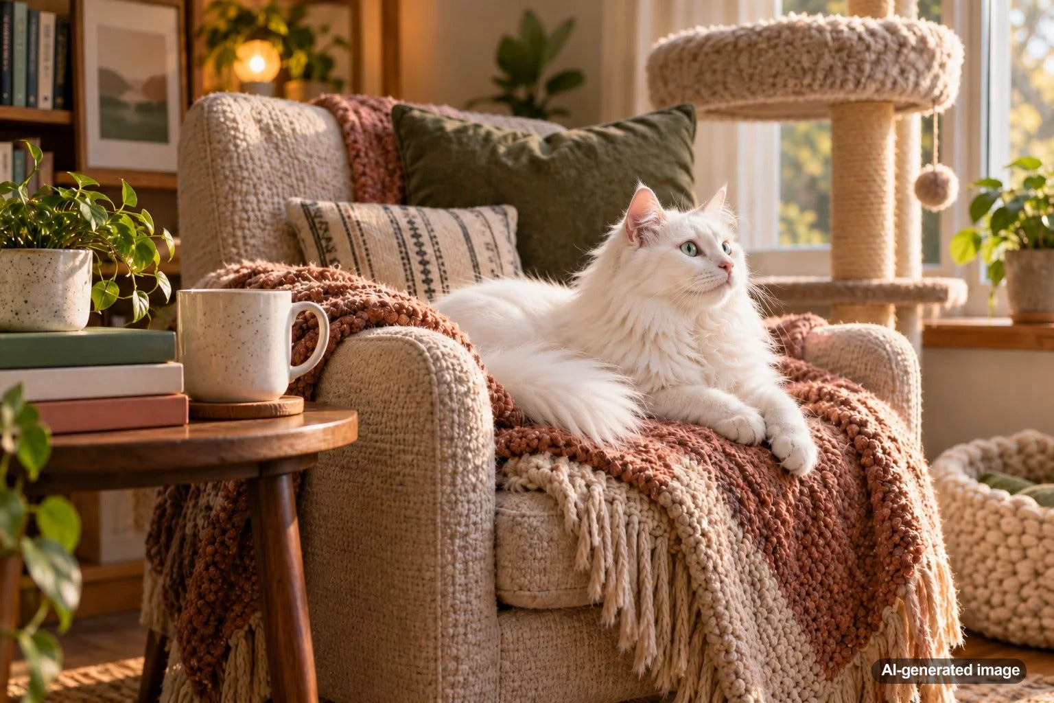 Cozy cat-friendly reading nook with comfortable seating, books, and a relaxing space for an indoor cat