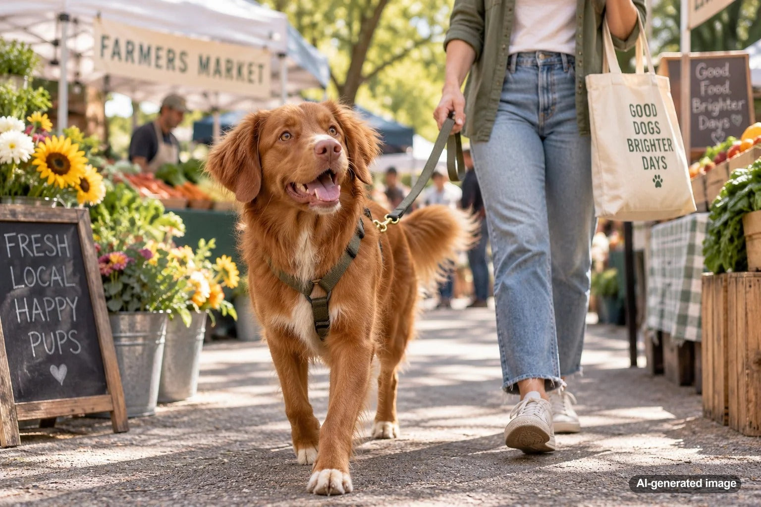 Dog enjoying a calm dog-friendly farmers market outing with its owner