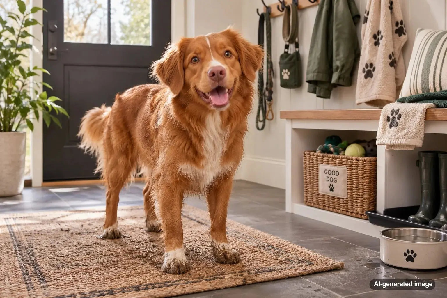 Dog waiting beside organized walking gear and paw-cleaning supplies in a dog-friendly mudroom