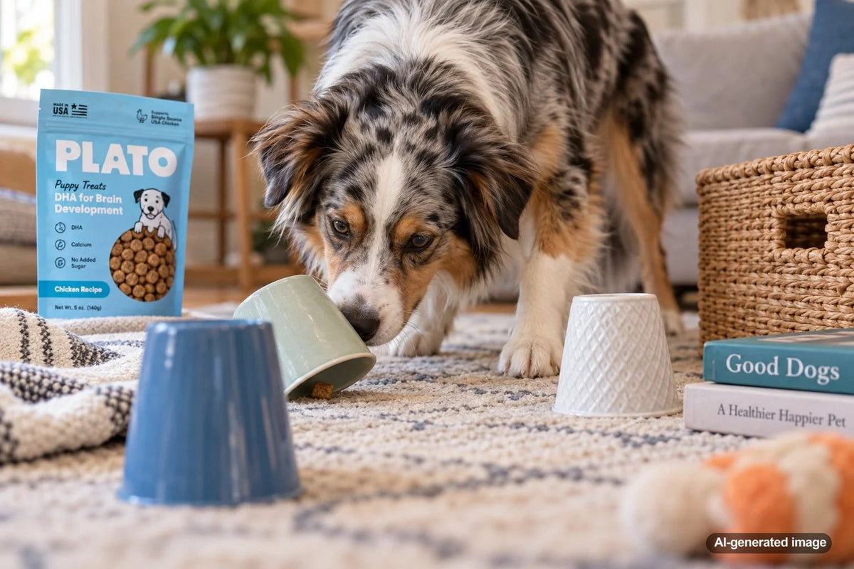 Dog playing a find-it scent game with safe household objects and hidden treats