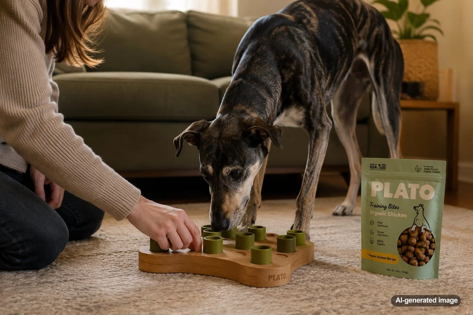 Dog enjoying a five-minute brain game with small training treats before dinner