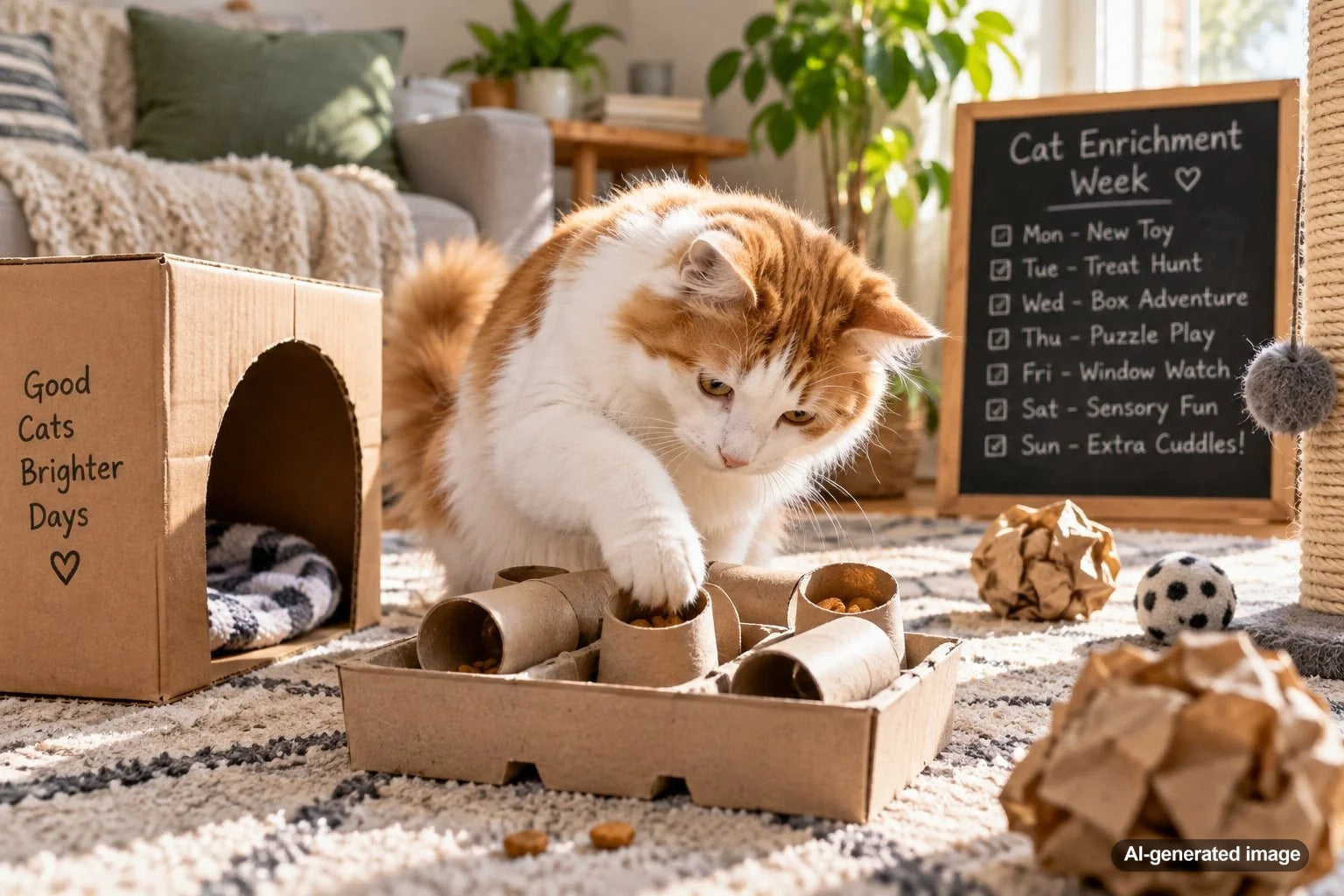 Cat enjoying a low-cost enrichment activity at home with simple toys and treats