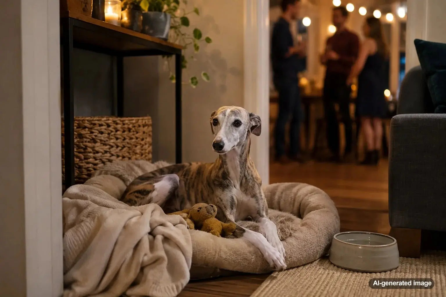 Dog relaxing in a comfortable quiet corner away from guests during a house party