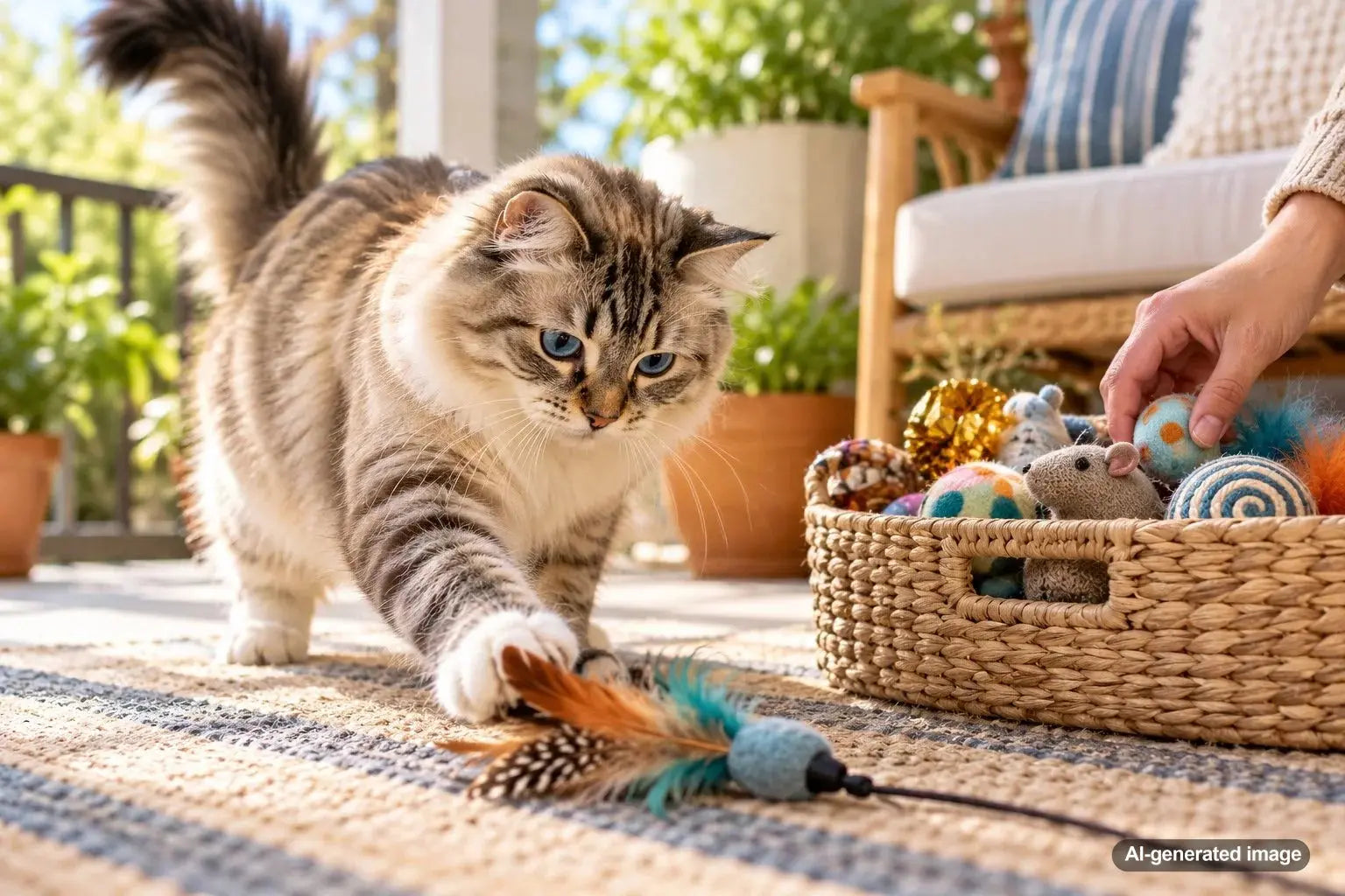 Cat exploring a rotating selection of balls, plush mice, and interactive toys arranged for engaging indoor playtime