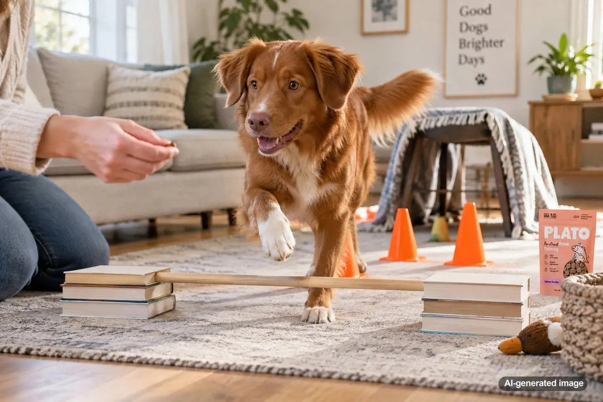 Dog navigating a simple indoor obstacle course made from safe household items