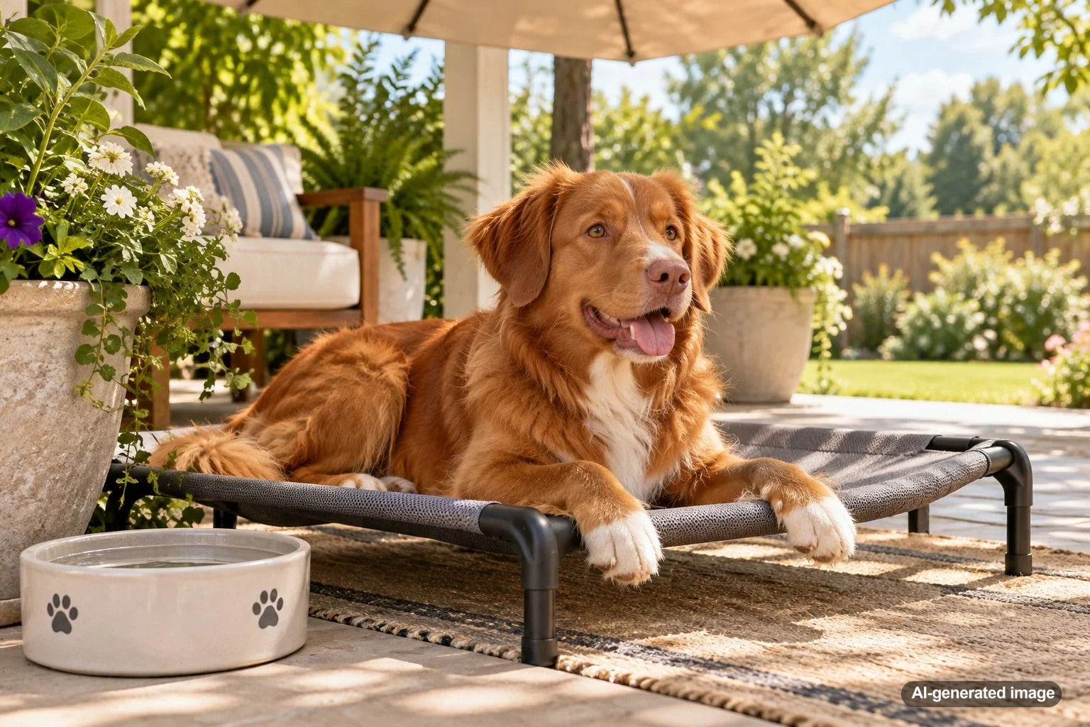 Comfortable summer shade station for backyard dogs with a shaded resting area, fresh drinking water, and a cozy elevated dog bed