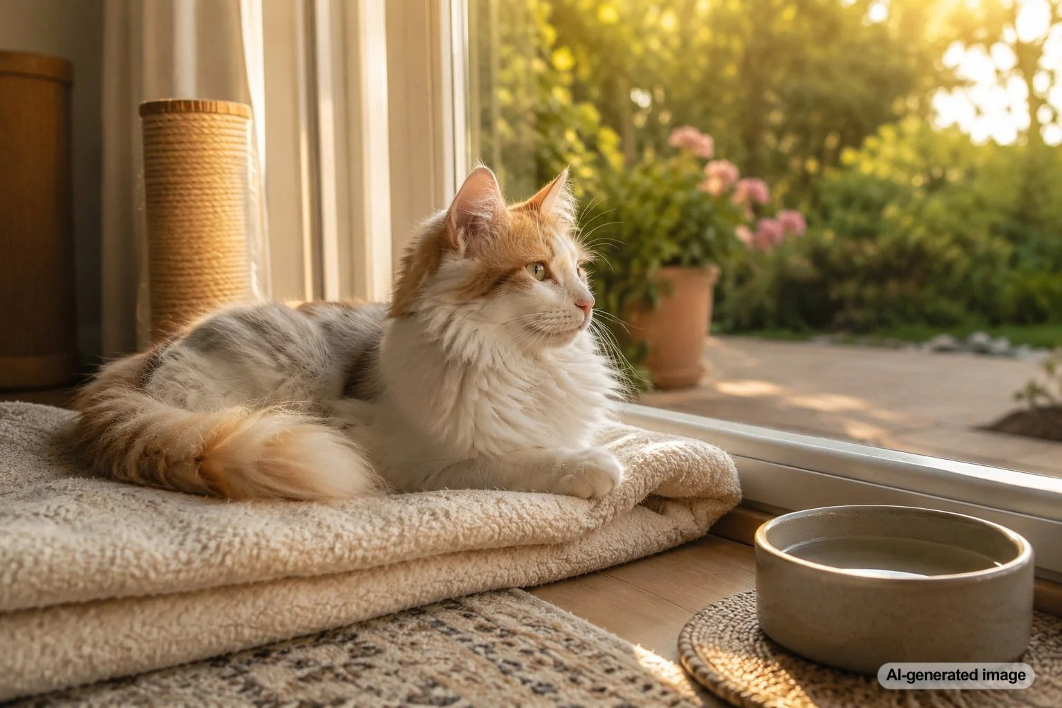 Relaxed cat at home following a familiar daily routine while its owner is away on vacation