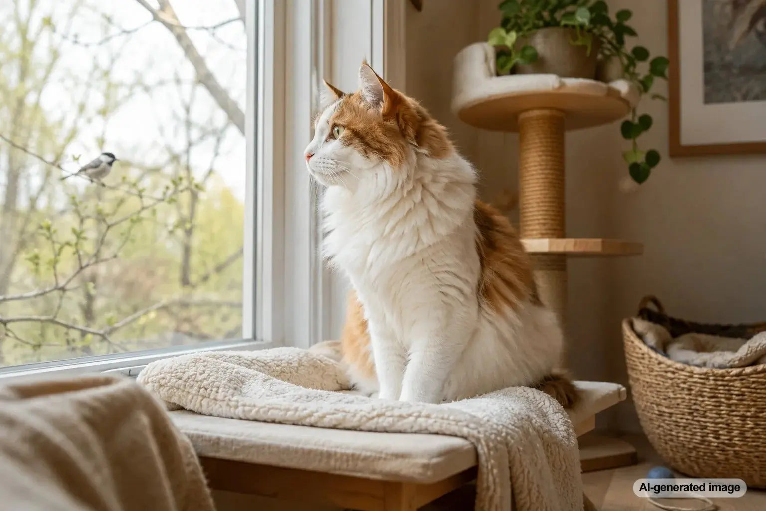 Cat relaxing at a safe and comfortable window-watching station with a clear outdoor view