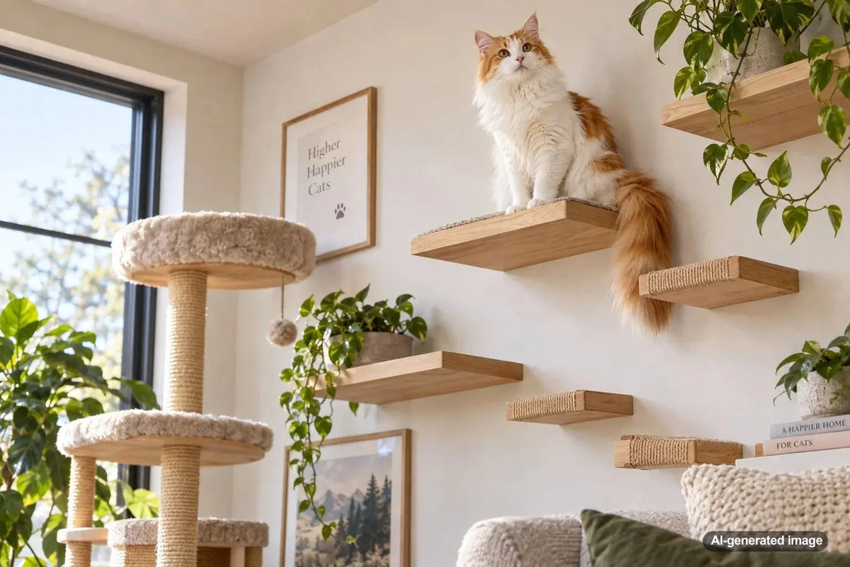 Cat enjoying safe vertical climbing and perching spaces in a comfortable home