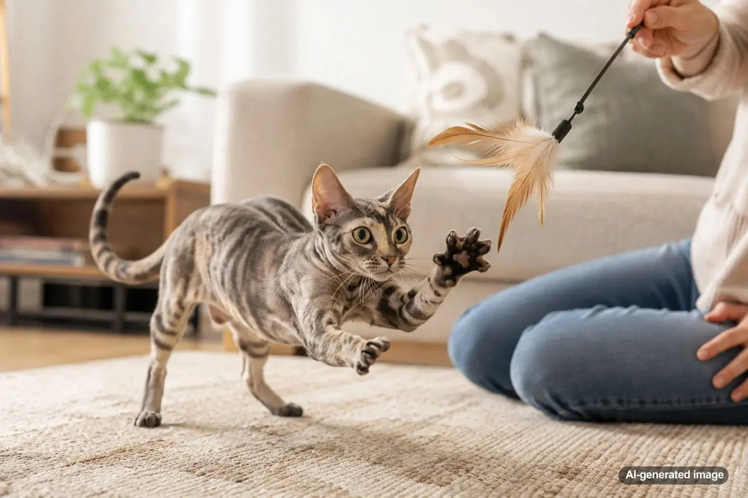 Cat enjoying a short interactive play session at home with a busy owner