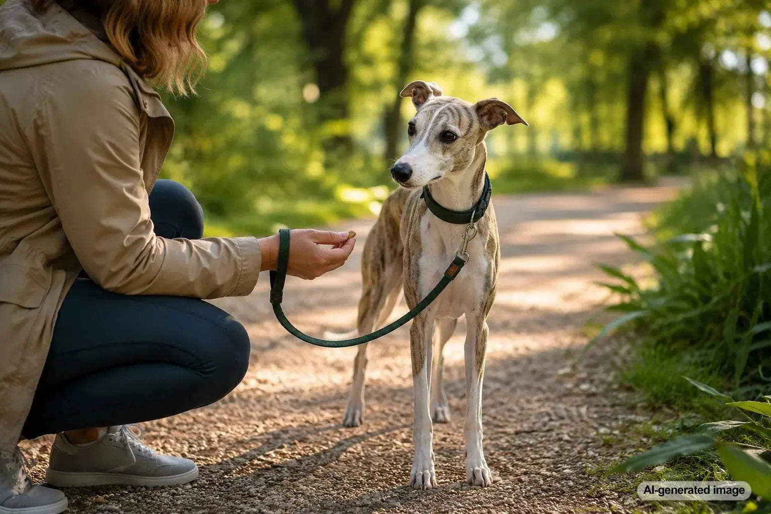 Dog exploring a new neighborhood walking route with its owner