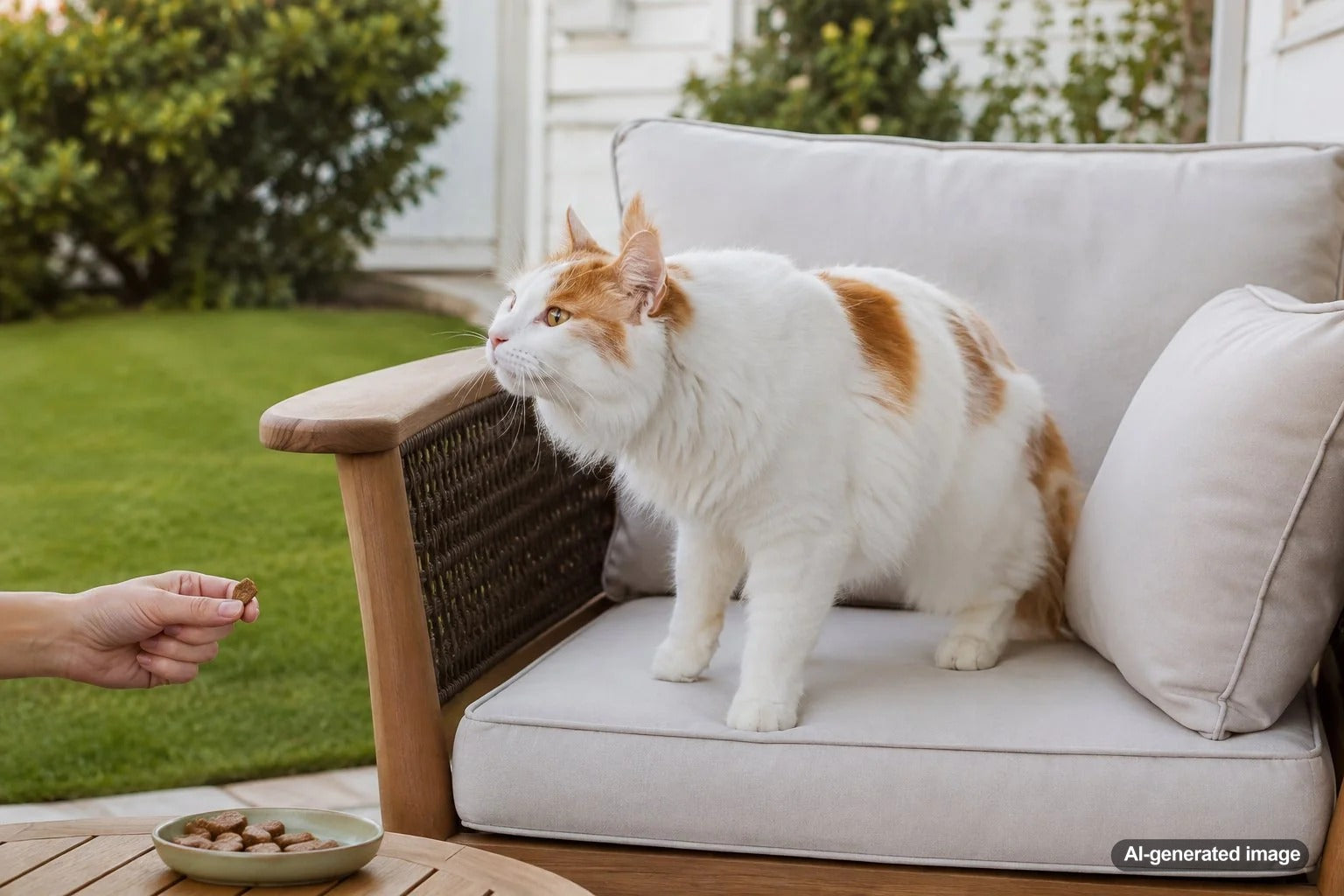 Curious cat calmly investigating a new piece of furniture at home