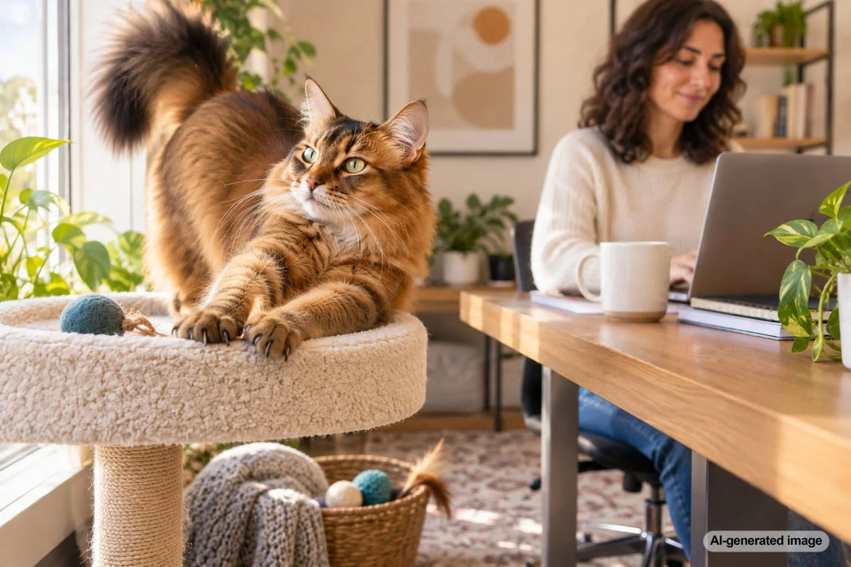 Cat relaxing near a home office workspace while adjusting to a new work-from-home schedule