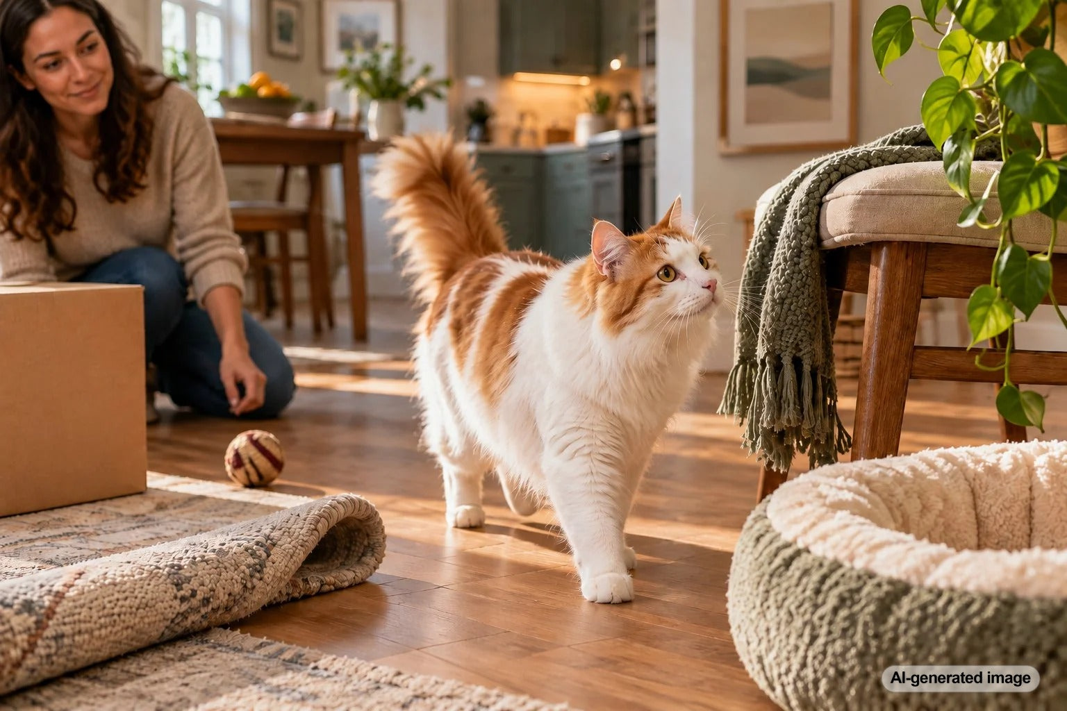 Cat exploring a newly rearranged room while adjusting to changes in the home