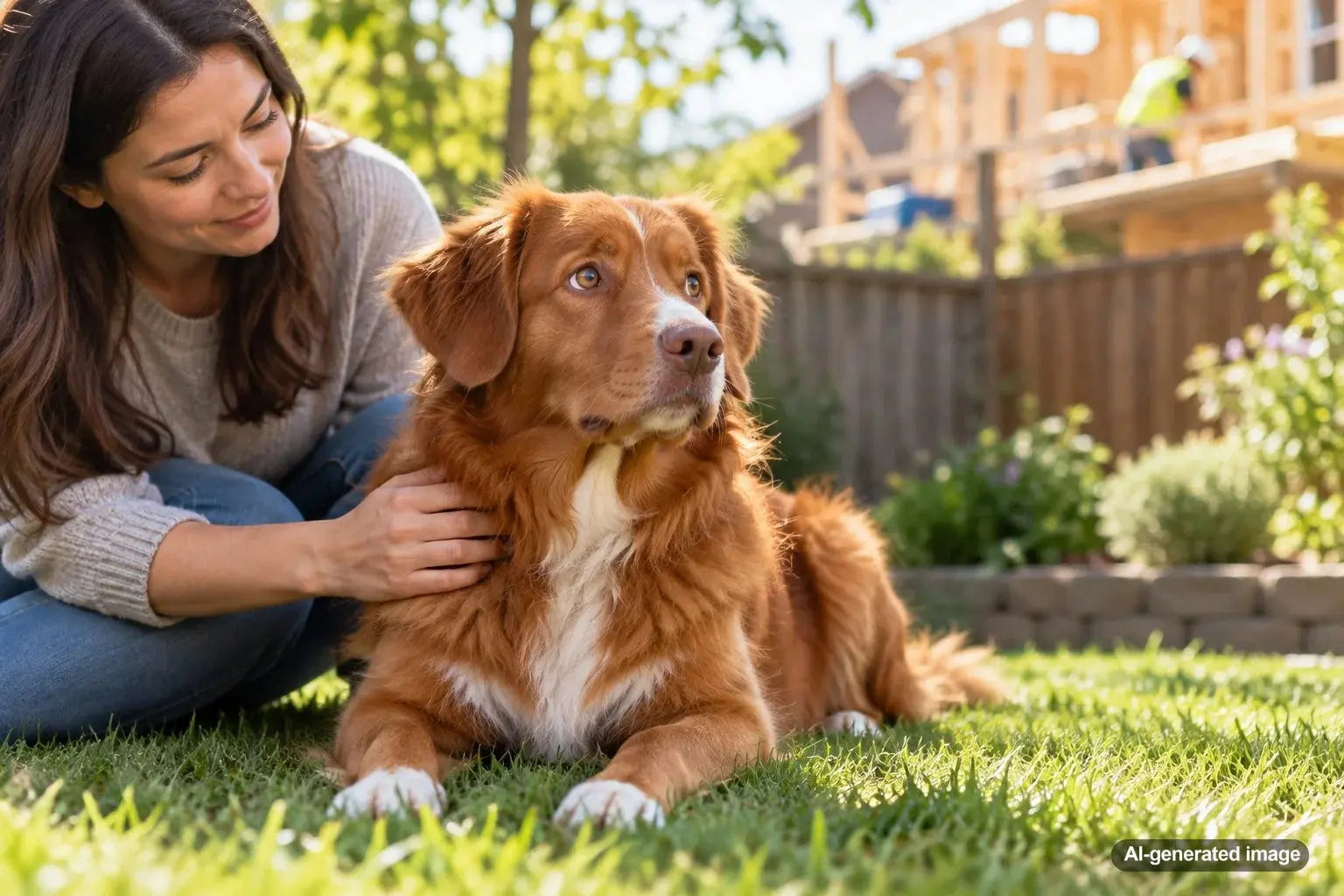 Dog relaxing safely at home while construction noise occurs nearby