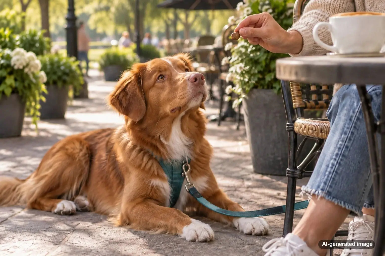 Relaxed dog resting beside its owner at a dog-friendly outdoor cafe