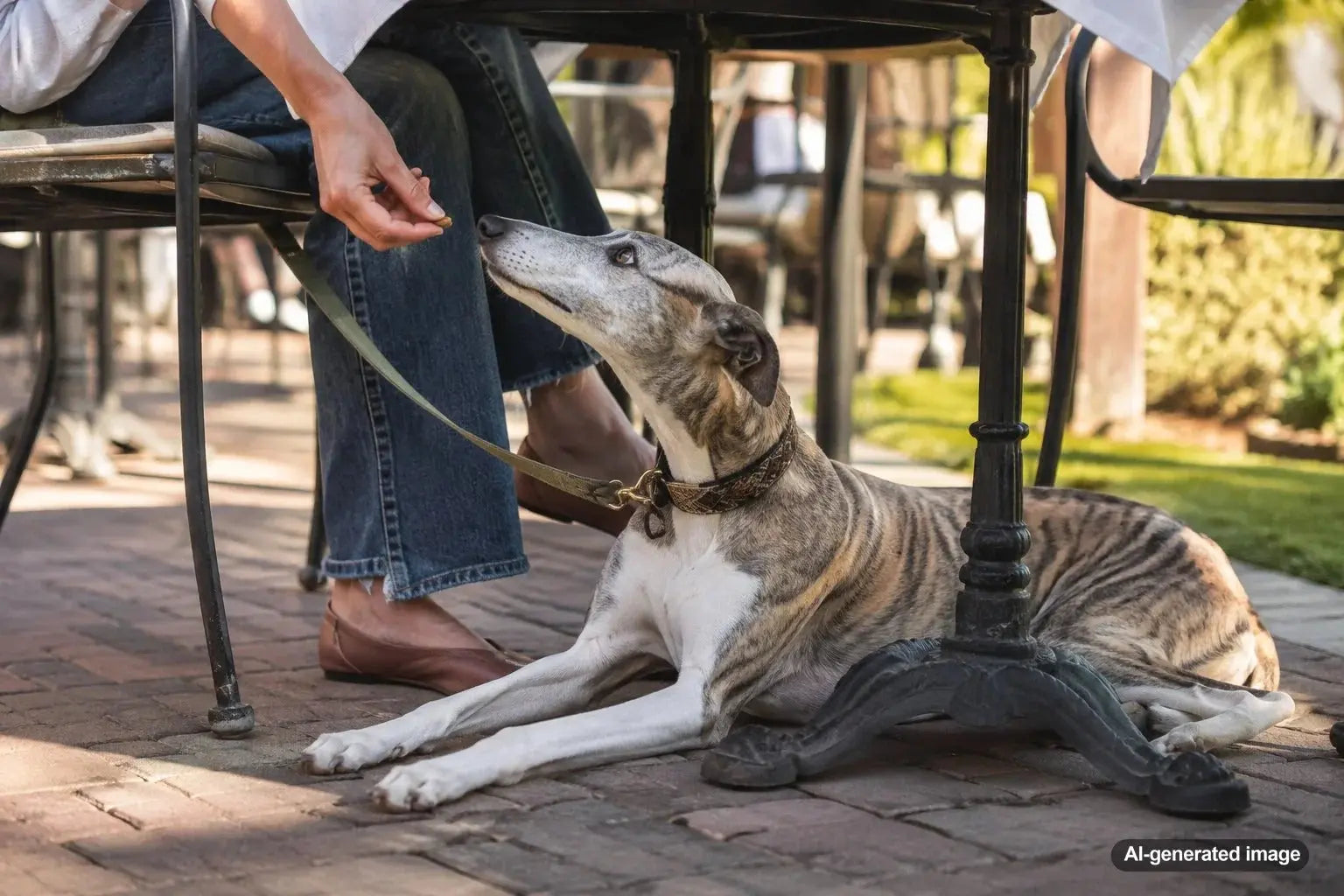 Calm dog settling beneath a restaurant table during a dog-friendly outdoor meal