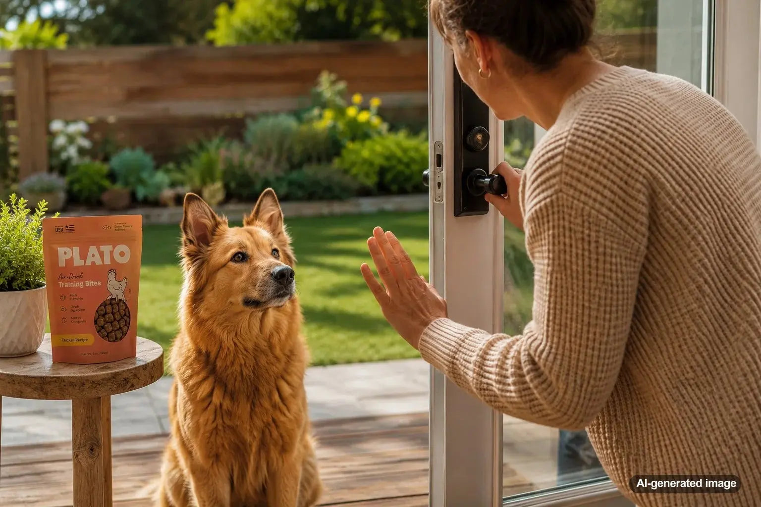 Calm dog waiting away from the front door while its owner answers a visitor