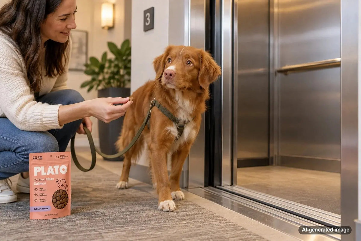 Dog calmly learning to enter an elevator with patient positive reinforcement