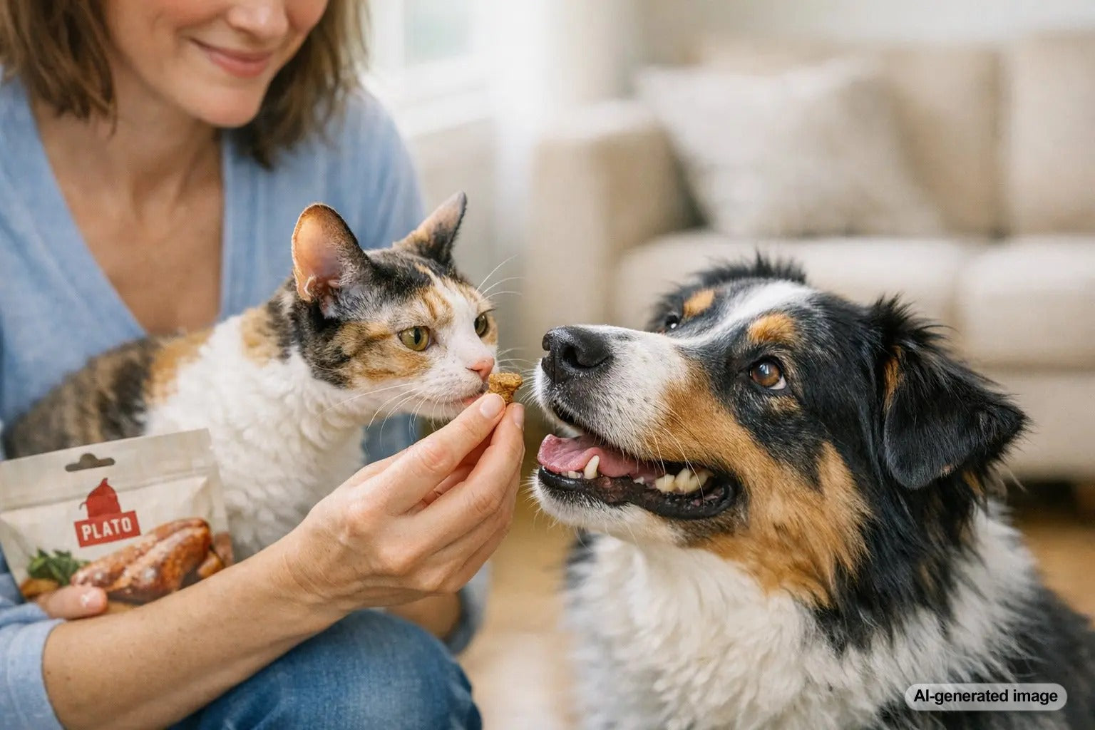 New cat being calmly introduced to resident pets at home with Plato Pet Treats
