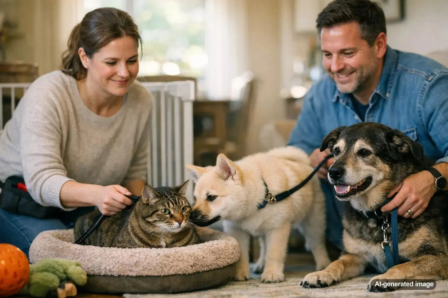 Dog being calmly introduced to a home with existing pets in a peaceful environment