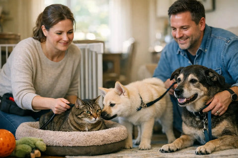 Dog being calmly introduced to a home with existing pets in a peaceful environment