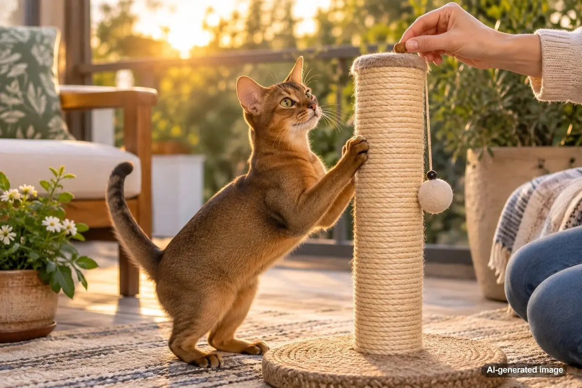 Cat being introduced to a new scratching surface for positive scratching behavior and enrichment
