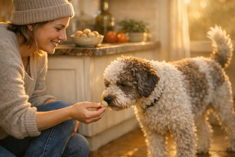 Dog cautiously sniffing a new treat during training time