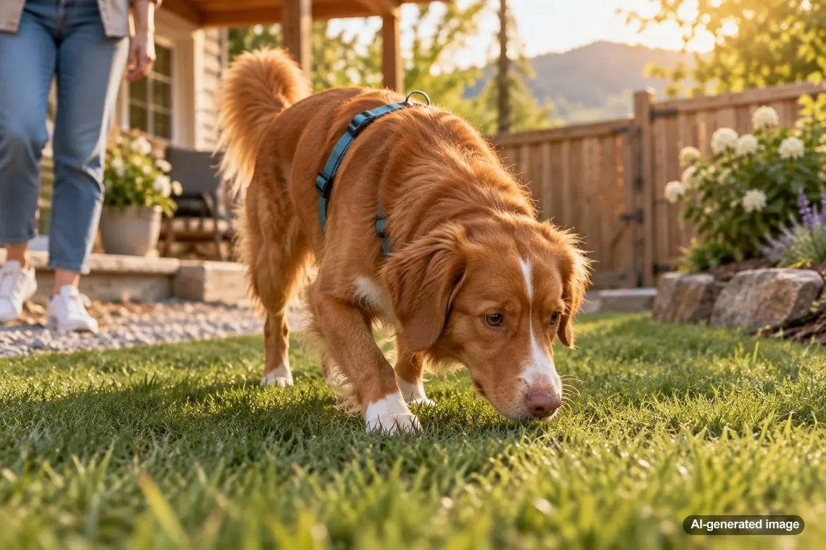 Dog exploring a new backyard safely while traveling
