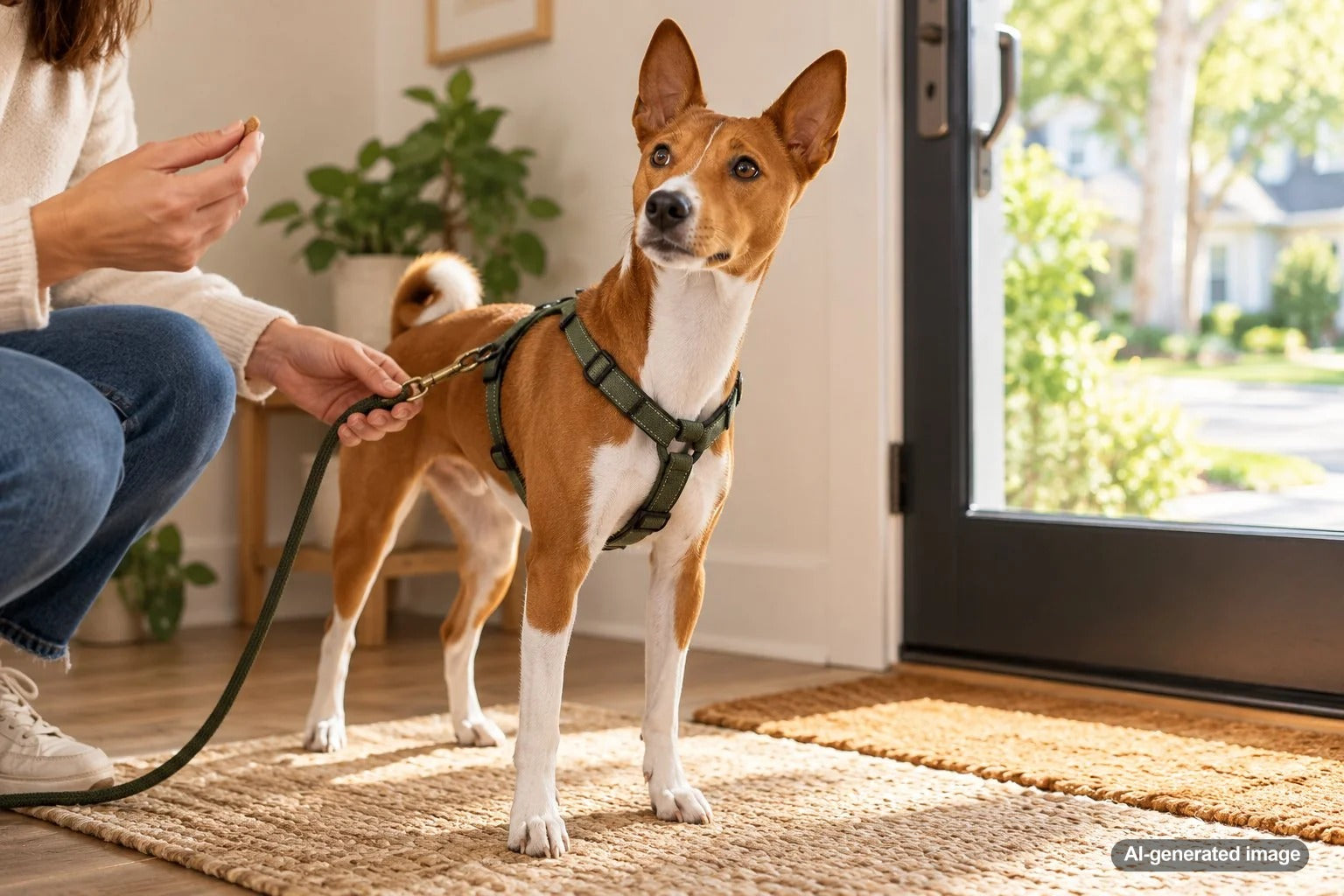 Dog exploring a new neighborhood on a relaxed walk with their owner