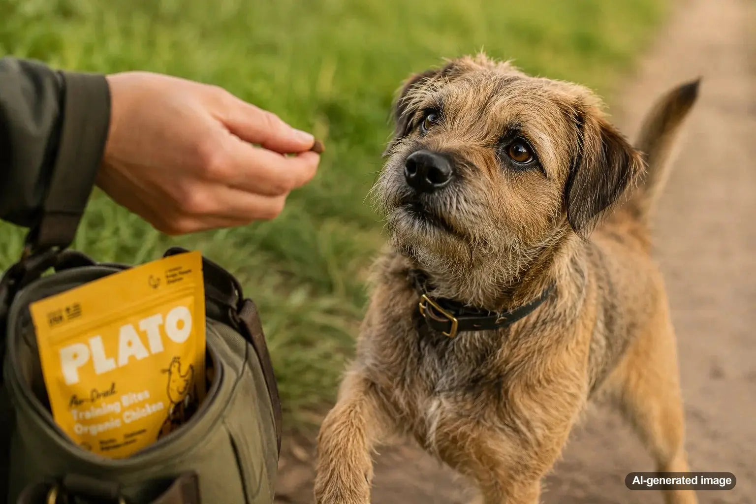 Border Terrier staying engaged with healthy training rewards during an enrichment activity