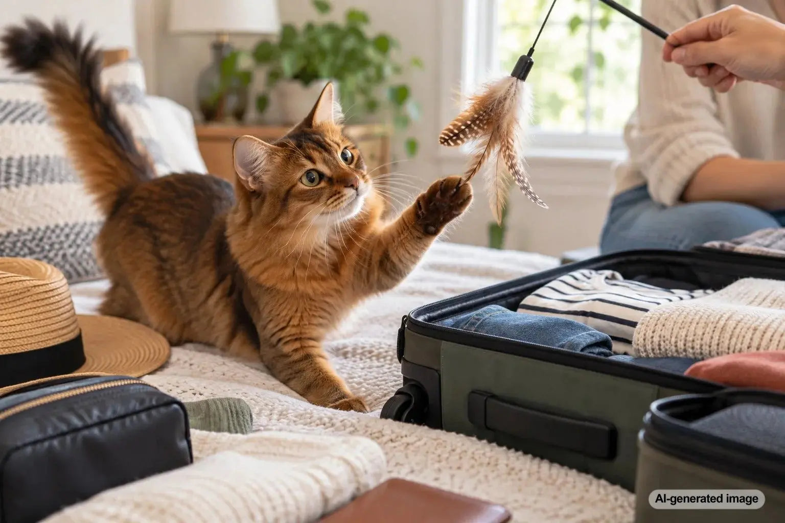 Curious cat exploring a suitcase during travel preparations with ideas for keeping cats entertained while packing for a trip