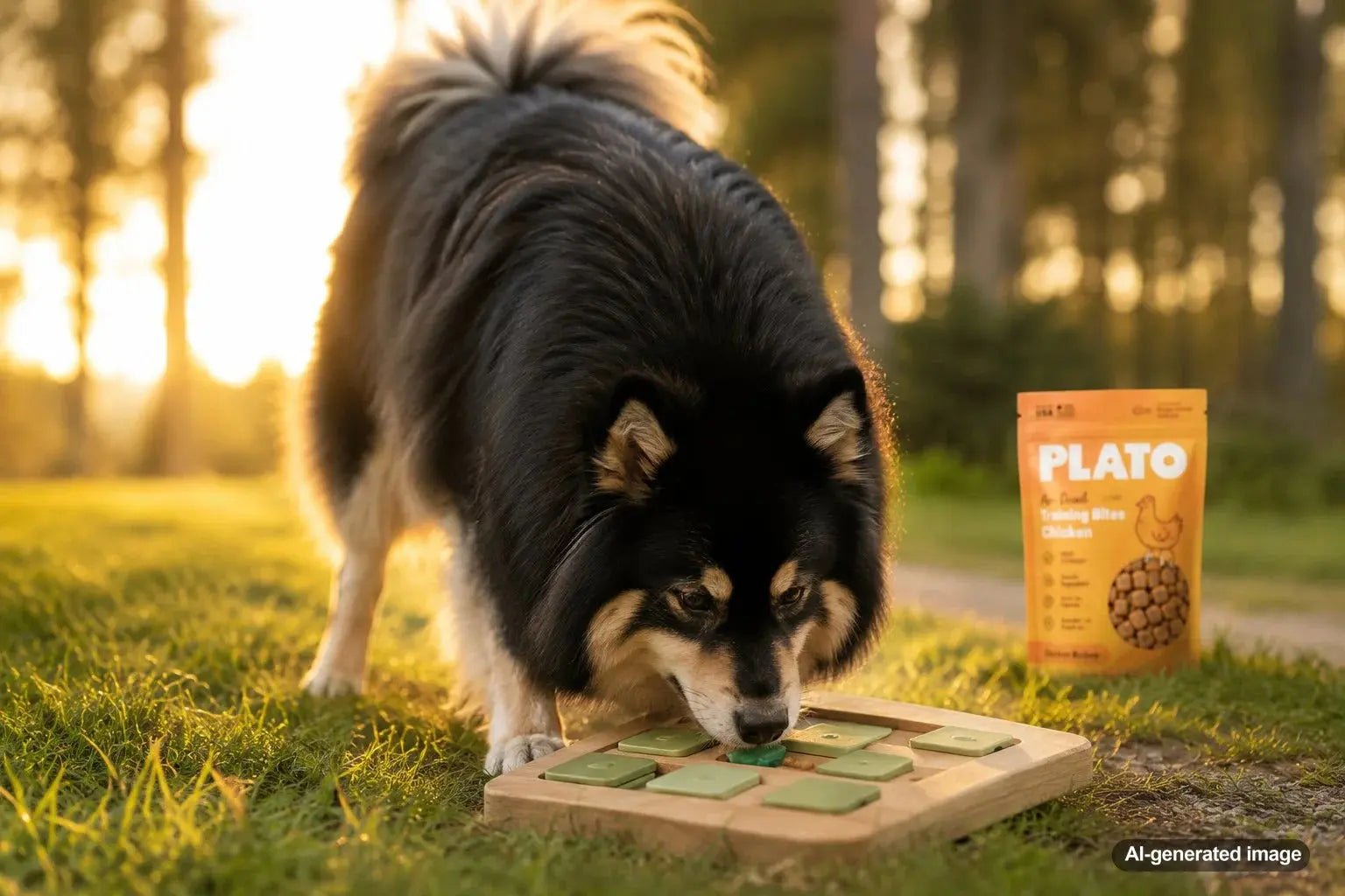 Finnish Lapphund playing a treat game for mental enrichment at home