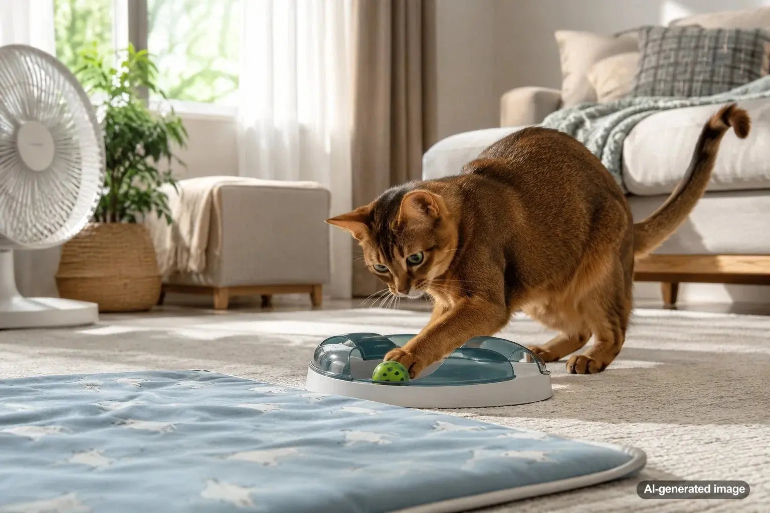 Indoor cat enjoying safe enrichment activities at home during a summer heat wave