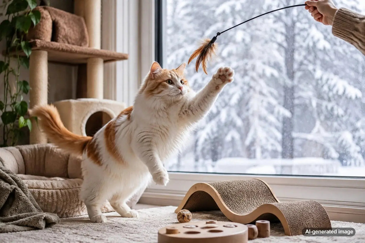 Indoor cat staying entertained with toys and enrichment activities during a winter snowstorm